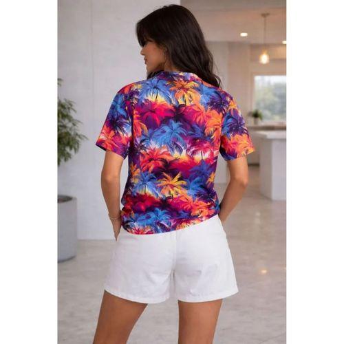 Renkli Tropikal Palmiye Desenli Kısa Kol Gömlek Şort Takım Yazlık Rahat Kalıp - Desenli