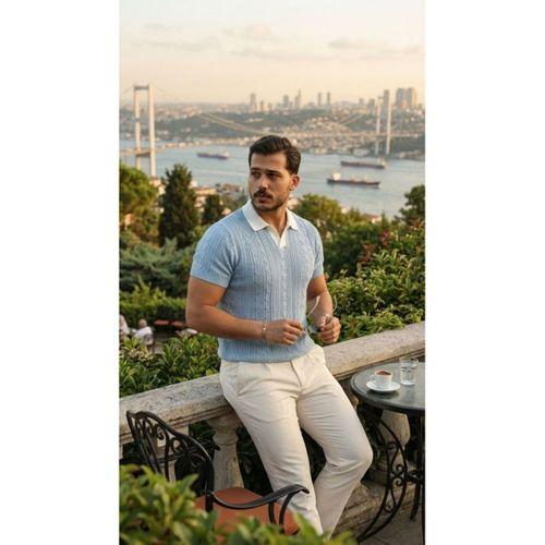 Erkek Desenli Kısa Kollu Triko Tişört - %100 Pamuk Akrilik