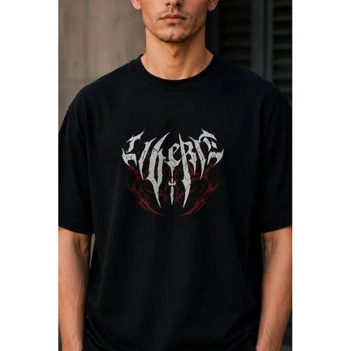 Erkek Gotik Yazı Baskılı Oversize Bisiklet Yaka T-Shirt - Siyah