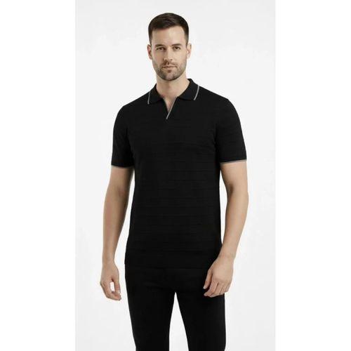 Erkek Triko Kumaş Yakalı Düğmesiz Açık Yaka Fitilli Kısa Kollu Regular Fit Tişört T-shirt - Siyah