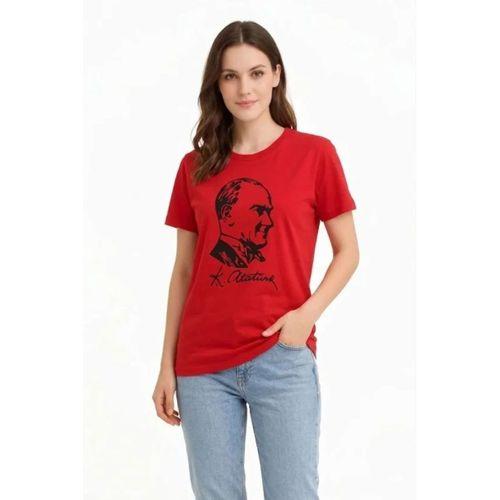 Atatürk Baskılı Tişört Kısa Kollu Bisiklet Yaka  T-Shirt - Kırmızı