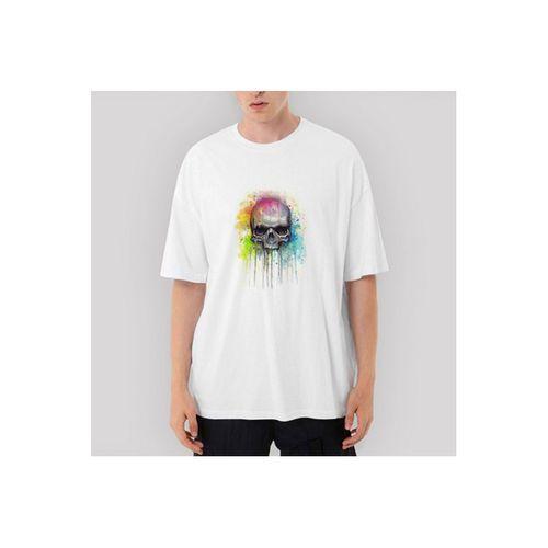 Skull Kuru Kafa Paint Oversize Beyaz Tişört