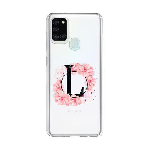 Samsung A21s Pembe Çiçek Desen L Harfli Şeffaf Kılıf