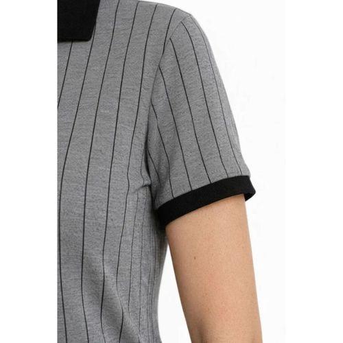 Polo Yaka Çizgili Tişört Kısa Kol Düğmeli Yazlık T-Shirt - Gri