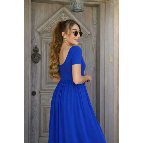 Kadın Kısa Kollu Yuvarlak Yaka önden Yırtmaçlı Cepli Viskon Uzun Elbise