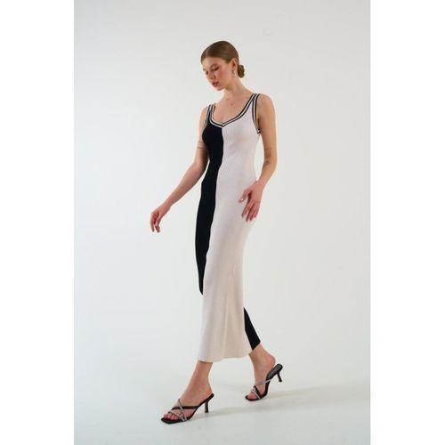 İki Renki Kolsuz Elbise - Siyah-Krem