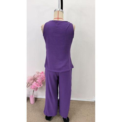 Kadın Askılı Yuvarlak Yakalı önü Asimetrik Detaylı Düğmeli Aerobin Bluz Ve Pantolon Ikili Takım