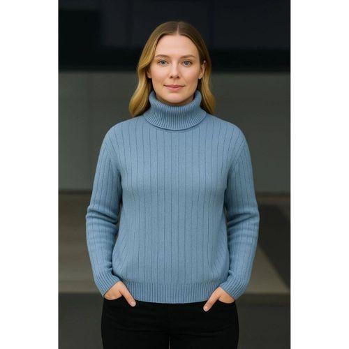 Balıkcı Yaka Bağazlı Triko Kazak Pamuklu Kalın Fitilli Dokuma - Bebek Mavisi