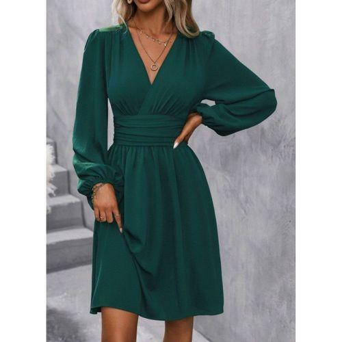 Kadın Uzun Kollu Kruvaze Yakalı Bel Korsajlı Mini Elbise