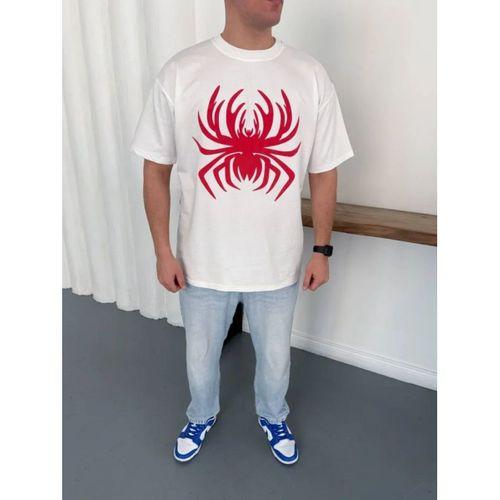 Erkek Örümcek Baskılı Tişört Kısa Kollu Bisiklet Yaka T-Shirt - Beyaz