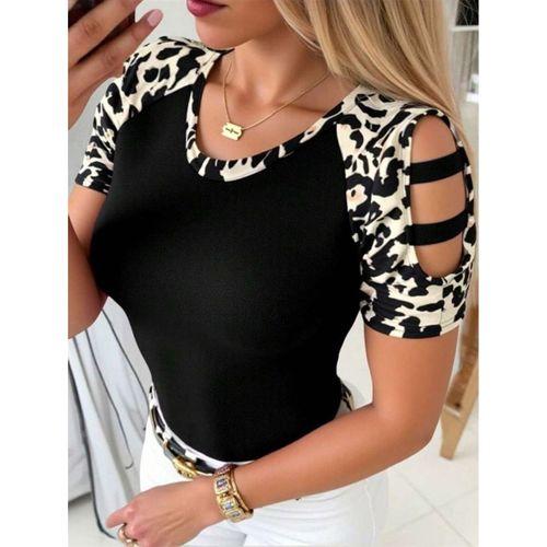Kadın Kısa Kollu Yuvarlak Yaka Kollarda şerit Detaylı Leoparlı Viskon Bluz