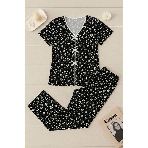 Kadın Siyah Beyaz Kalp Desenli Kısa Kollu Şık Pijama Takımı