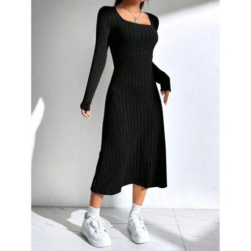 Kadın Uzun Kollu Kare Yaka Midi Kaşkorse Elbise