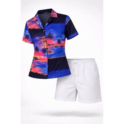 Gün Batımı Tropikal Desenli Kısa Kol Gömlek Şort Takım Yazlık Rahat Kalıp - Desenli