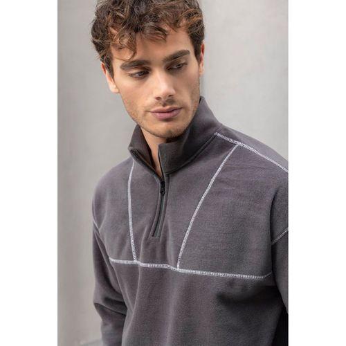 Crowe Çizgi Şeritli Oversize Yarım Fermuar Polar Erkek Sweatshirt - Füme