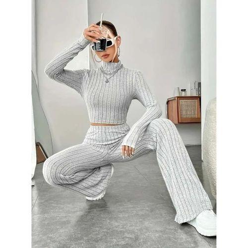 Kadın Uzun Kollu Balıkçı Yaka Krop Ve Pantolon şardonlu Kaşkorse Ikili Takım