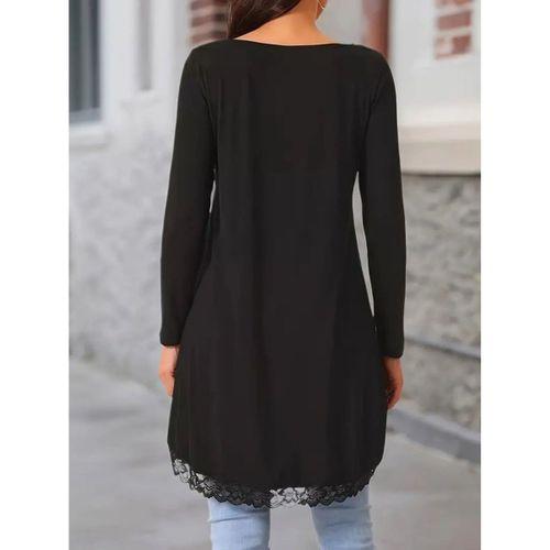 Kadın Uzun Kollu Bisiklet Yaka Asimetrik Kesim Detaylı Dantelli Viskon Bluz