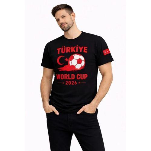 Erkek Türkiye World Cup 2026 Baskılı Tişört Futbol Temalı Forma T-Shirt - Siyah