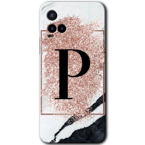 Vivo Y21s Kılıf HD Desen Baskılı Arka Kapak - Pembe Mermer Desenli P Harfi + Kırılmaz Cam
