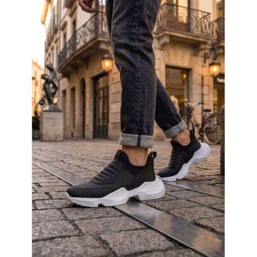 BA0402 Bağcıksız Rahat Yüksek Taban Siyah Erkek Spor Yarım Bilek Bot