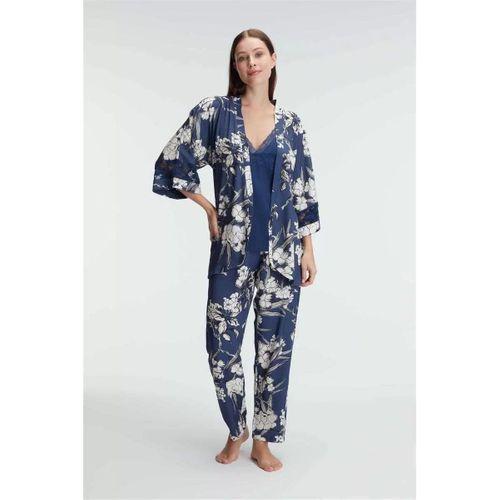 İp Askılı V Yaka Viskon Çiçek Desenli Yazlık Dantel Detaylı Pijama Sabahlık Takımı