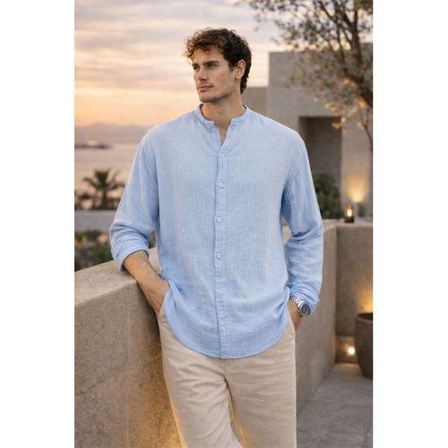 Hafif ve Nefes Alabilir Erkek Müslin Yarım Pat Hakim Yaka Oversize Gömlek - Buz Mavi