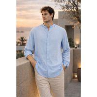 Hafif ve Nefes Alabilir Erkek Müslin Yarım Pat Hakim Yaka Oversize Gömlek - Buz Mavi