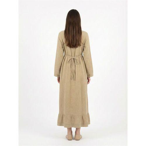 Uzun Kol Dora Yuvarlak Yaka Düğmeli Çift Cepli Yazlık Uzun Müslin Elbise Vizon Vzn