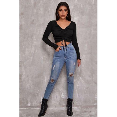 Kadın Siyah Uzun Kol Drapeli Bağcık Detaylı Crop Top Bluz