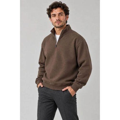Erkek Üç İplik İçi Şardonlu Dik Yaka Yarım Fermuarlı Kışlık Sweatshirt - Kahverengi
