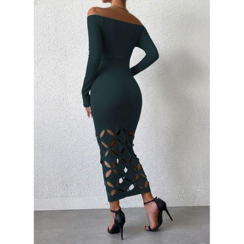 Kadın Madonna Yaka Uzun Kollu Lazer çiçek Kesim Detaylı Uzun Ithal Krep Elbise