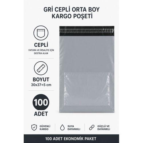 Gri Cepli Orta Boy Kargo Poşeti 30x37+5 Cm 100 Adet