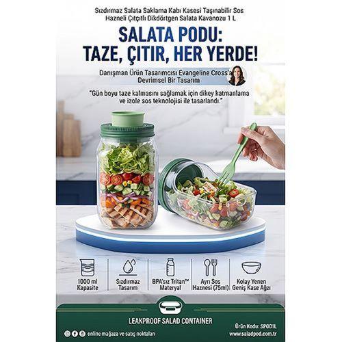 Sızdırmaz Salata Saklama Kabı Kasesi Taşınabilir Sos Hazneli Çıtçıtlı Dikdörtgen Salata Kavanozu 1 L 723538