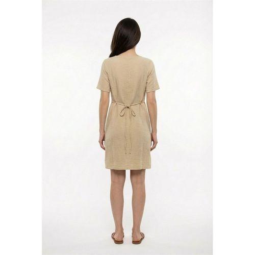 Kısa Kol Lidya Bisiklet Yaka Nakışlı Yazlık Kısa Müslin Elbise Bej Bej