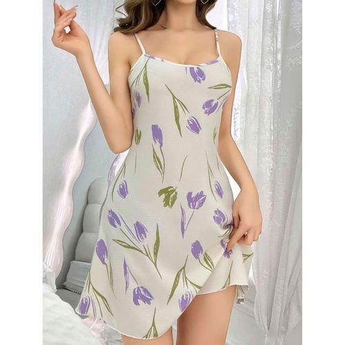 Kadın Beyaz Çiçekli Desenli Askılı Gecelik 5109