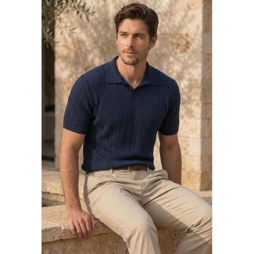Nestor Saç Örgü Desenli Polo Yaka Regular Fit Örme İnce Triko Erkek T-Shirt - Lacivert