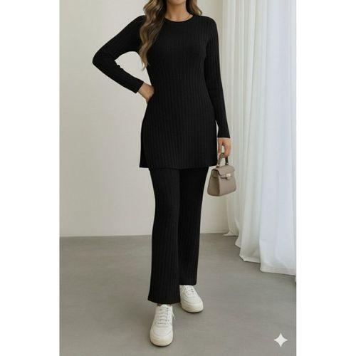 Kadın Uzun Kollu Yuvarlak Yaka Yandan Yırtmaç Detaylı şardonlu Kaşkorse Bluz Ve Pantolon Ikili Takım