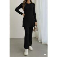 Kadın Uzun Kollu Yuvarlak Yaka Yandan Yırtmaç Detaylı şardonlu Kaşkorse Bluz Ve Pantolon Ikili Takım