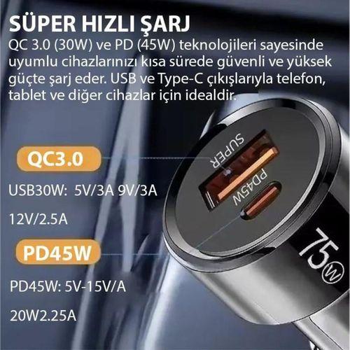 Zhltools 75W 2 Portlu USB Araç Şarj Cihazı Usb-C + Usb+A
