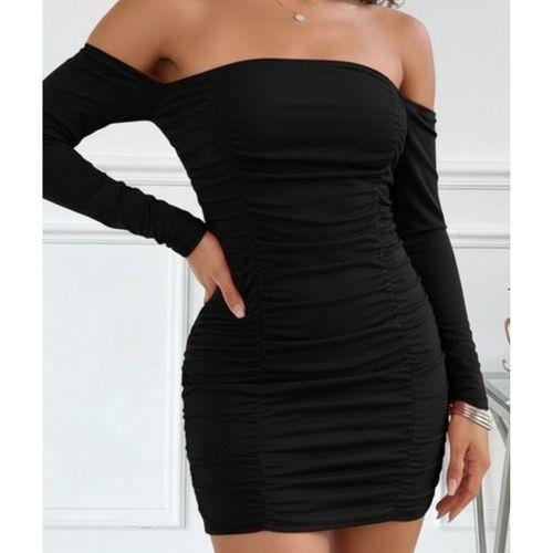 Kadın Uzun Kollu Omuzlardan Açık Takma Kollu Büzgülü Sandy Kısa Elbise