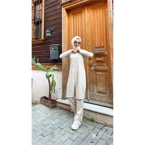Fermuarlı Uzun Tunik Pantolon Spor İkili Takım - 03058.027 - Ekru