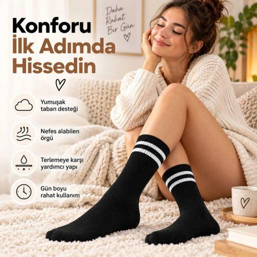 Siyah Çorap Beyaz Çizgili 3'lü Set Unisex Uzun Soket Günlük Spor Rahat Kolej Stil Çorap Seti