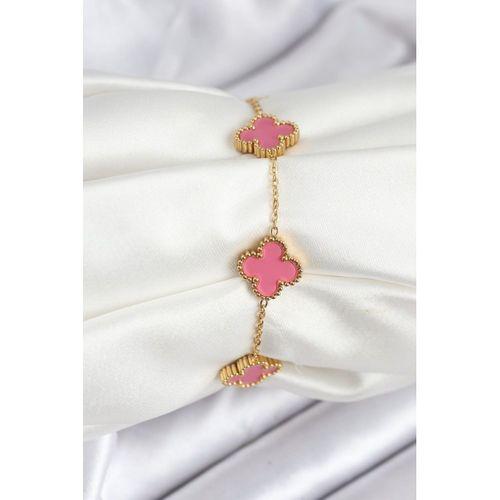 316L Çelik Gold Zincir Pembe Yonca Renk Bileklik