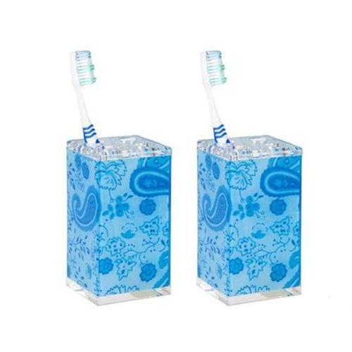 2 Adet Diş Fırçalık Mavi Çiçekli Akrilik 6X6X12Cm Banyo Seti