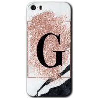 iPhone 5s Kılıf HD Desen Baskılı Arka Kapak - Pembe Mermer Desenli G Harfi + Kırılmaz Cam