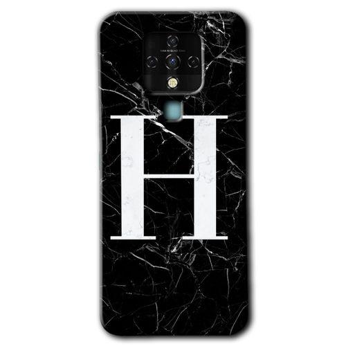 MRCİLETİSİM Tecno Camon 16 Kılıf HD Desen Baskılı Arka Kapak+Temperli Cam - Siyah Mermer Desenli H Harfi