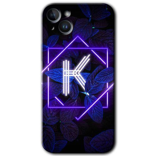 iPhone 14 Kılıf HD Desen Baskılı Arka Kapak - Temperli Cam - Dark Neon Yaprak K Harfi