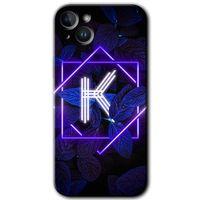 iPhone 14 Kılıf HD Desen Baskılı Arka Kapak - Temperli Cam - Dark Neon Yaprak K Harfi