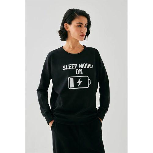Kadın Siyah Sleep Mode On Oversize 2 İplik Eşofman Ev Giyim Takımı