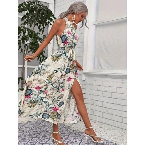 Kadın Omuzlardan Açık Halter Yakalı Yırtmaçlı çiçek Desenli Süprem Elbise